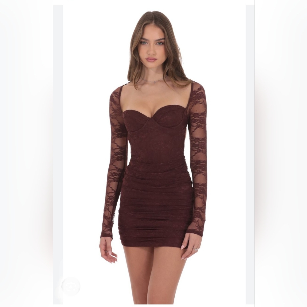 Lace Long Sleeve Bodycon Dress in Brown. Size M